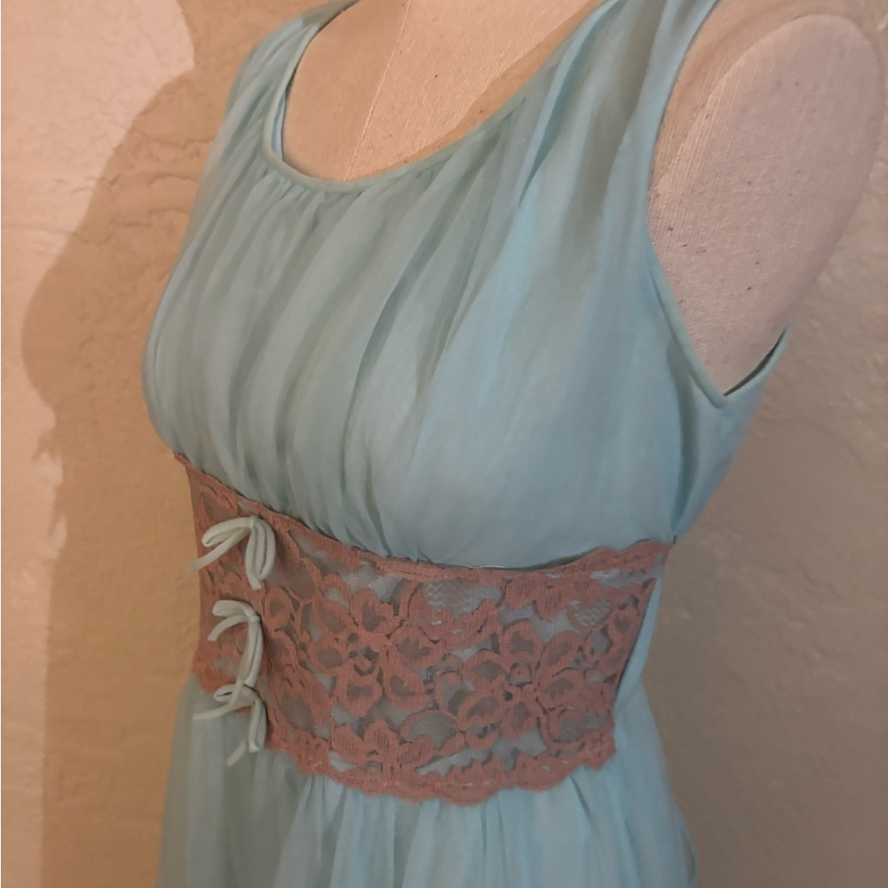 Women's Vintage Avian Light Blue Sleeveless Chiffon Nightgown Lace Sz M/L - Picture 3 of 14